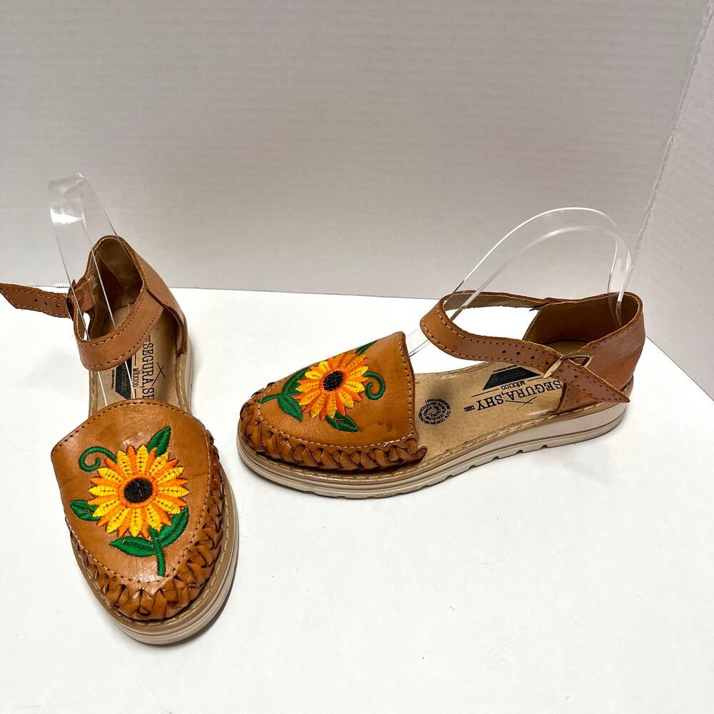 Segura Shy Sunflower Embroidered Leather Huarache Sandals Boho 6/37 Artisan - Picture 3 of 10